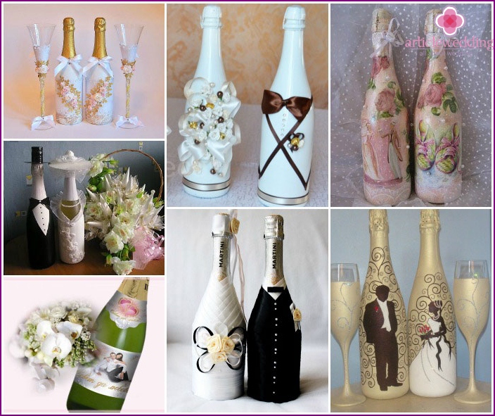 Vestuvių šampanas, dekoruotas skirtinga technika