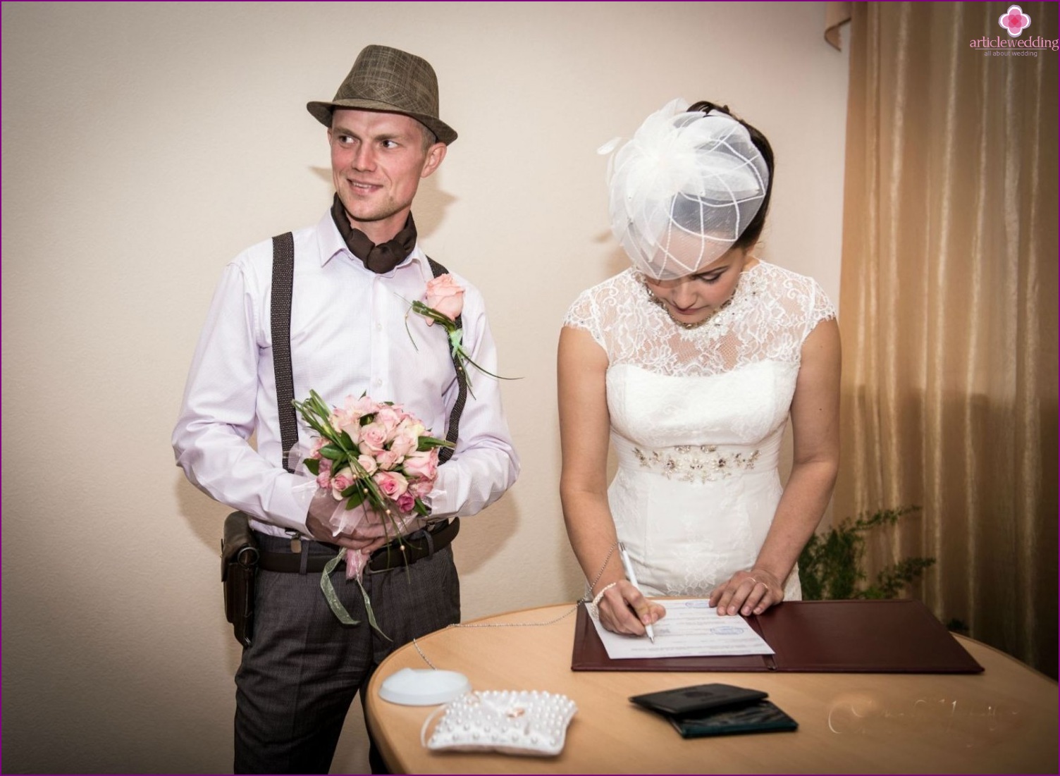 Suspenders and a hat in the image of the groom