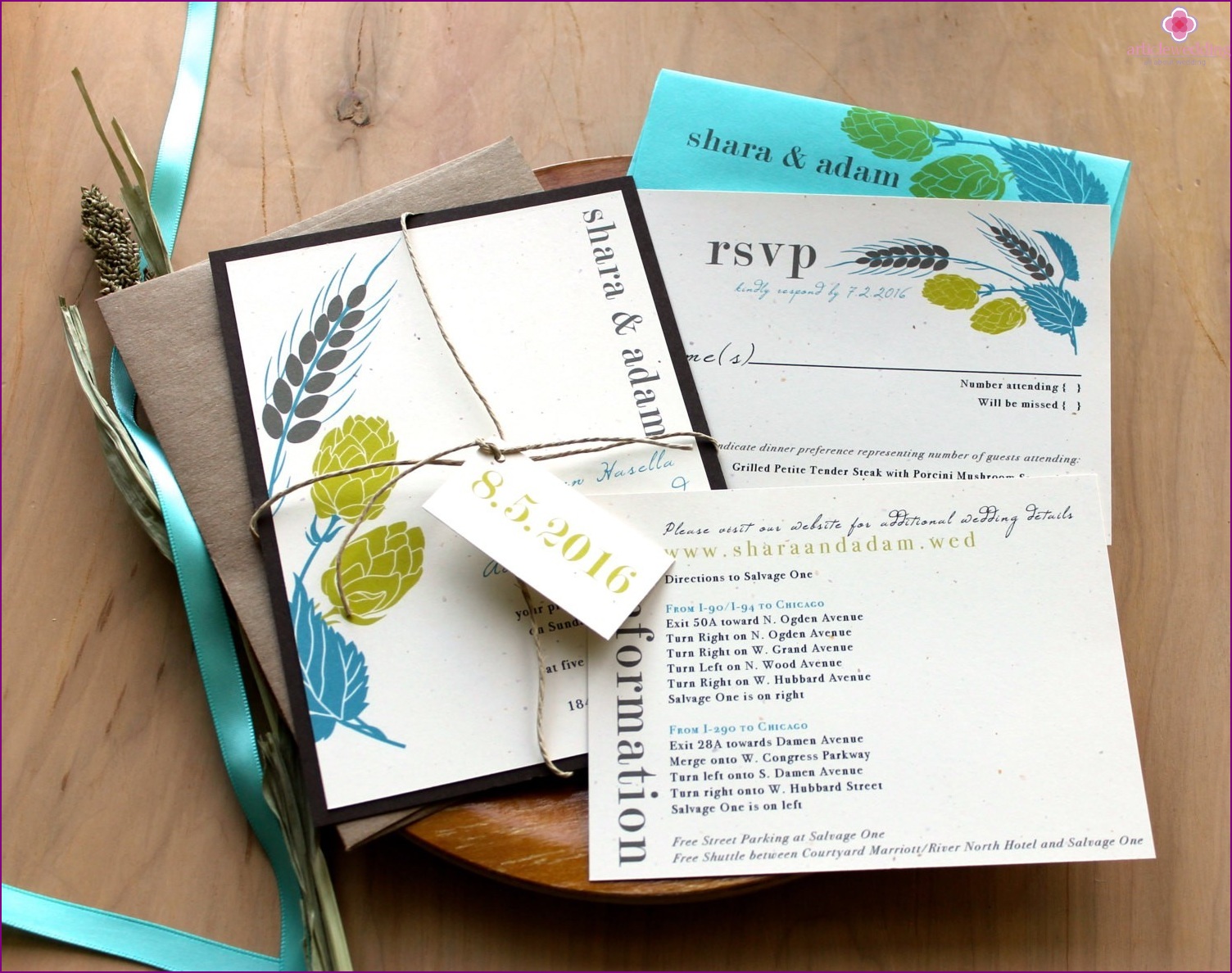 Wedding invitations with natural motifs.