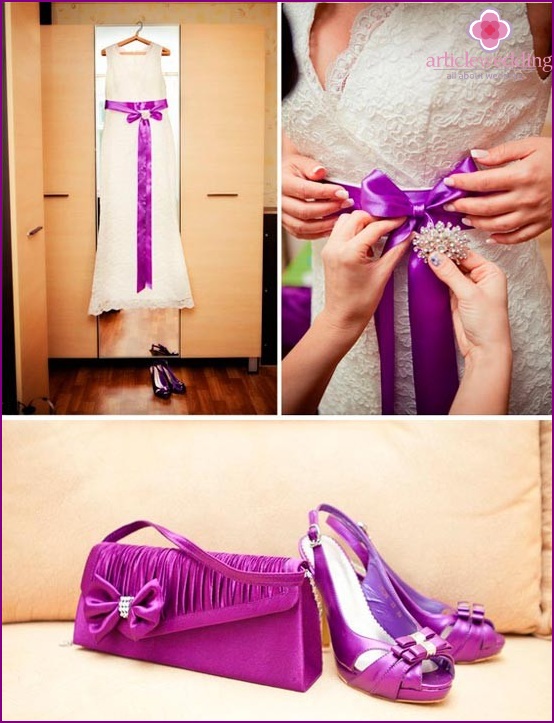 White wedding dress with a lilac belt