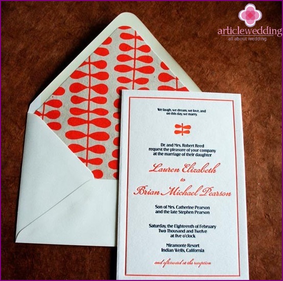 Wedding program in color envelope