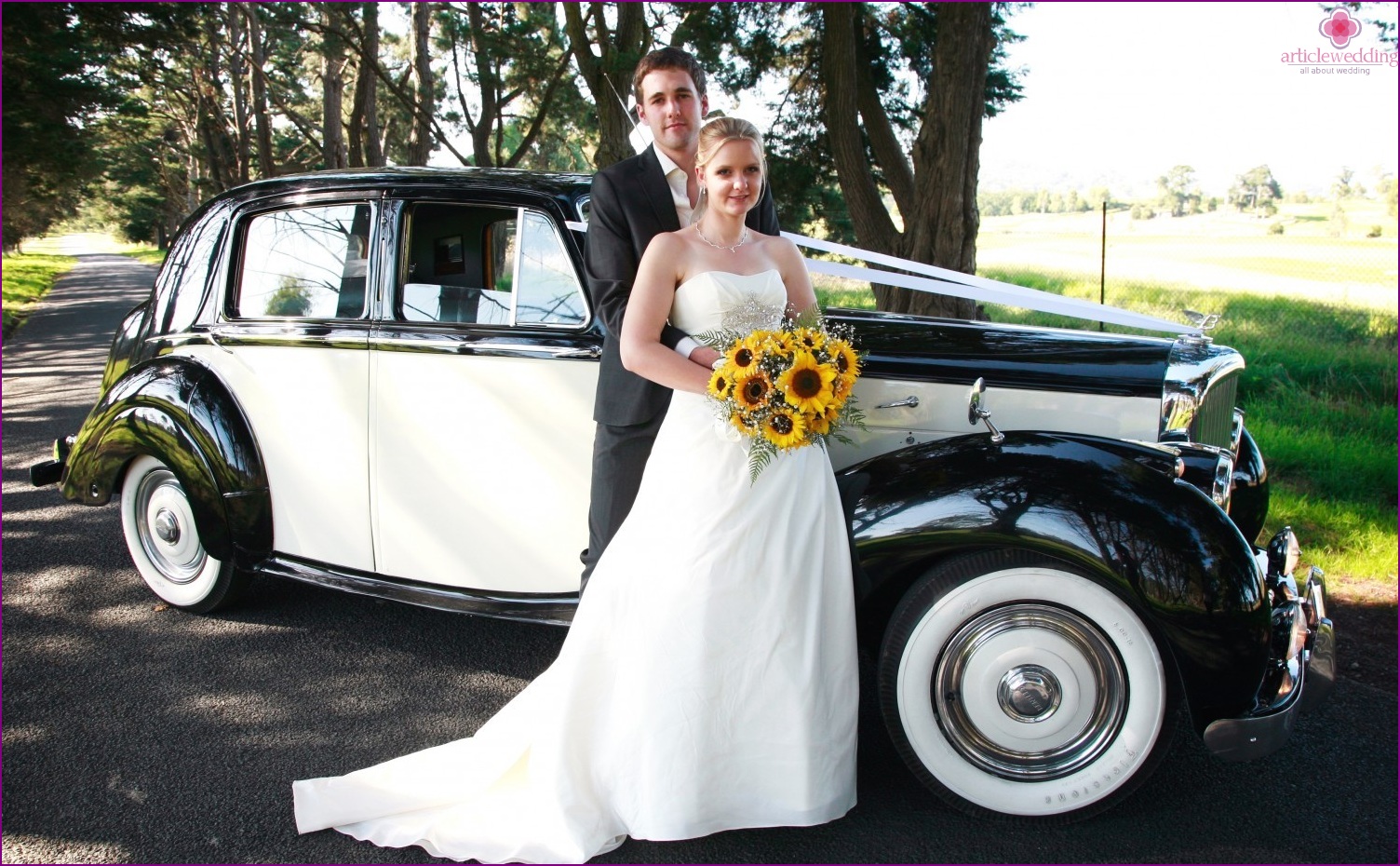 Black and white wedding car