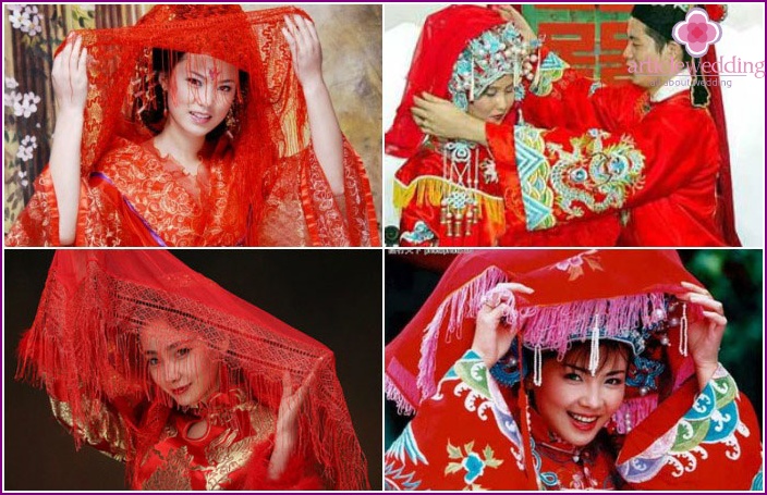سمة حمراء لعروس في حفل زفاف صيني