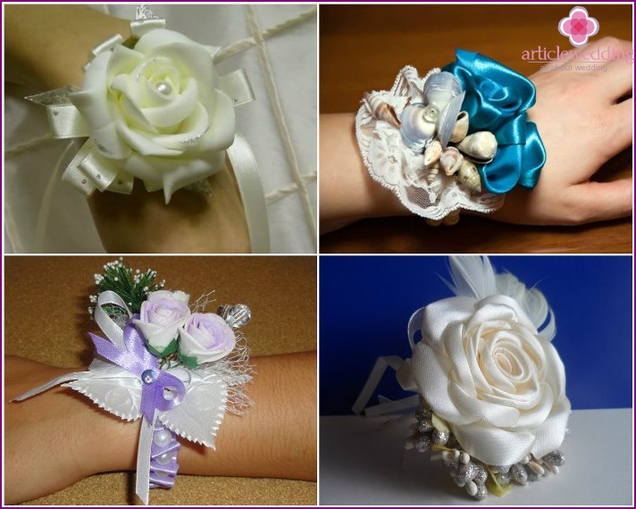 Wedding boutonnieres made of satin ribbons and fabric