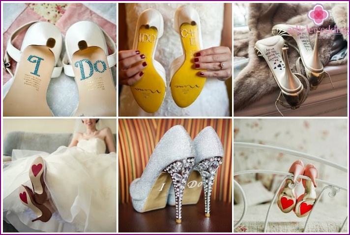 Stickers on the shoes of the bride with interesting inscriptions