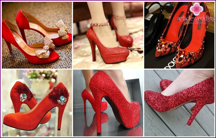 Red shoes with rhinestones for the bride