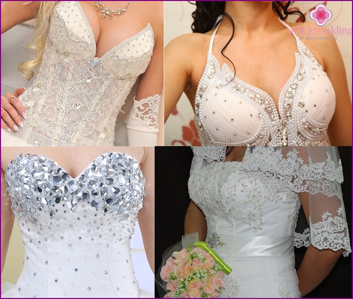 Brillantes Muster auf dem Kleid der Braut