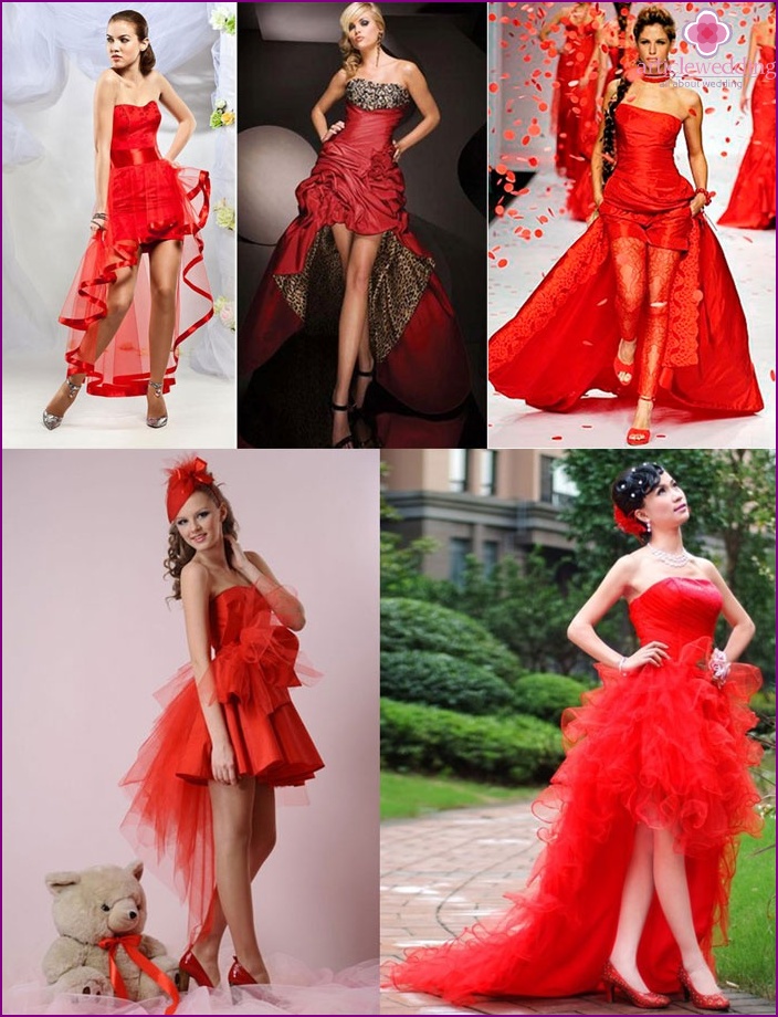 Hochzeitslook: kurzes rotes Kleid mit Zug