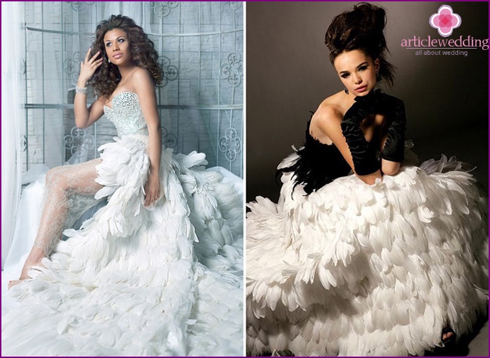 Wedding dress with feather skirt
