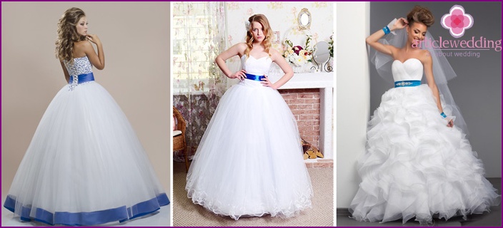 Elegant wedding dresses with blue ribbon