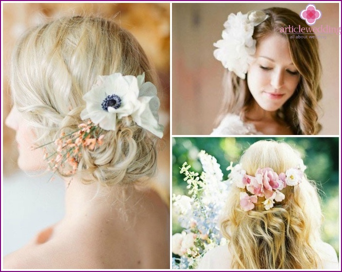 Laying hair with interwoven flowers for a long-haired bride
