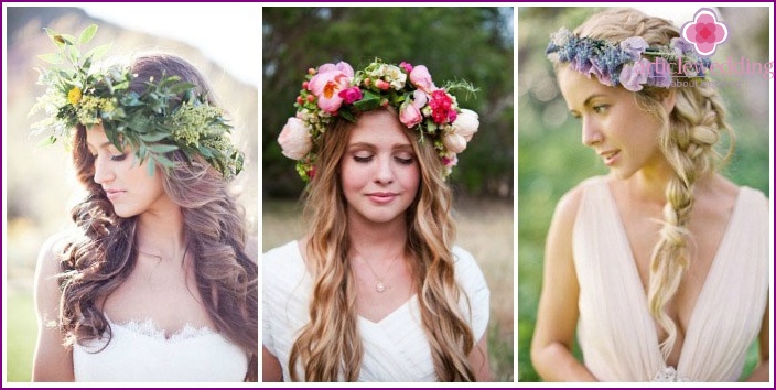 The image of a long-haired bride: a floral wreath instead of a veil