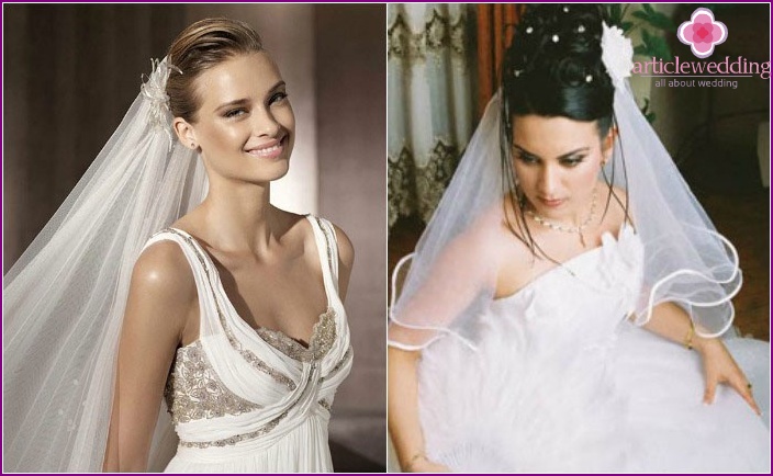 Long-haired bride: veil and gathered head of hair