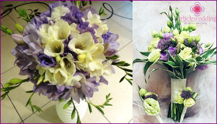 The combination of freesia with lisianthus in a wedding bouquet
