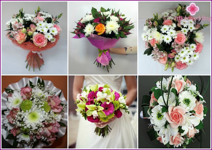 Chrysanthemen in einem Strauß mit Rosen und Alstromeren