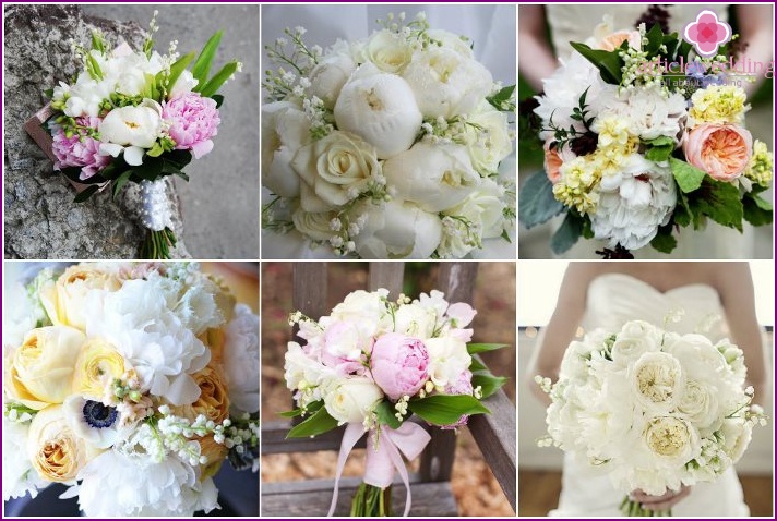Blumenarrangement einer Braut mit Pfingstrosen und Maiglöckchen