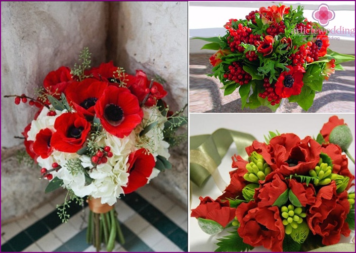 Red poppies in a wedding bouquet