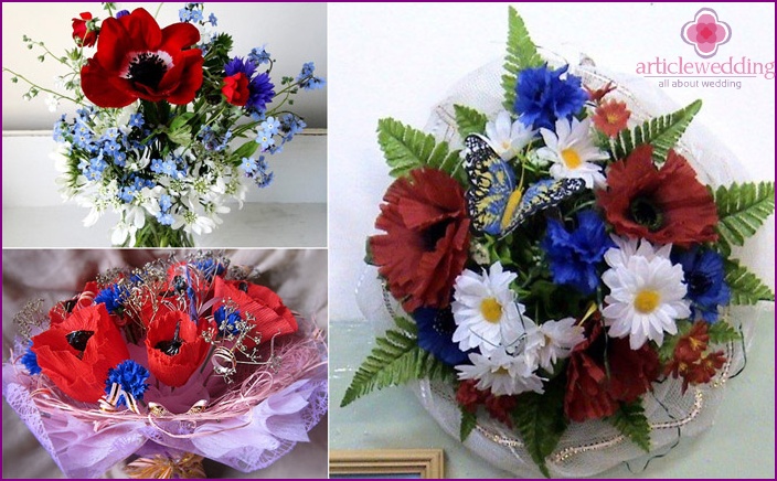 Wedding bouquet based on cornflowers and poppies