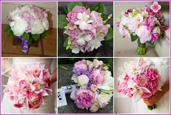 Peonies and orchids in a wedding bouquet