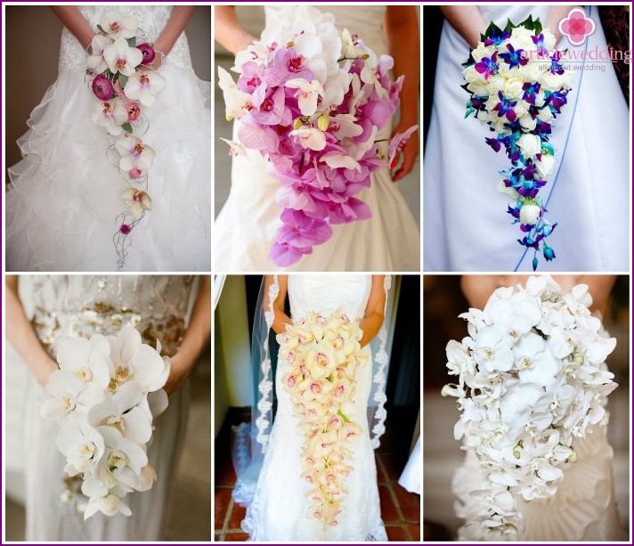 Brautkaskade mit Orchideen für Braut und Bräutigam