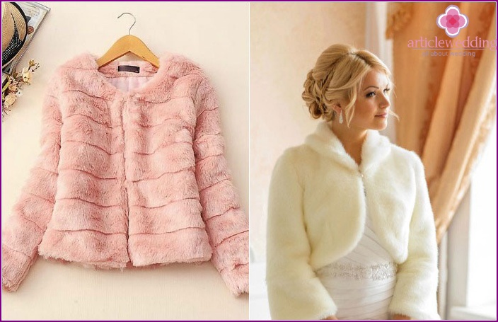 Pink and milky colors of wedding fur coats