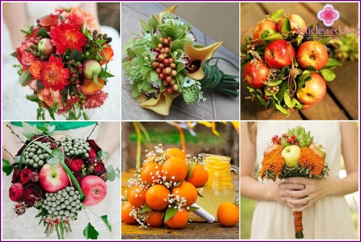 Composizioni floreali di una persona appena sposata con frutti e bacche
