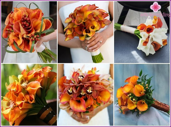 Bröllopbukett med orange calla liljor
