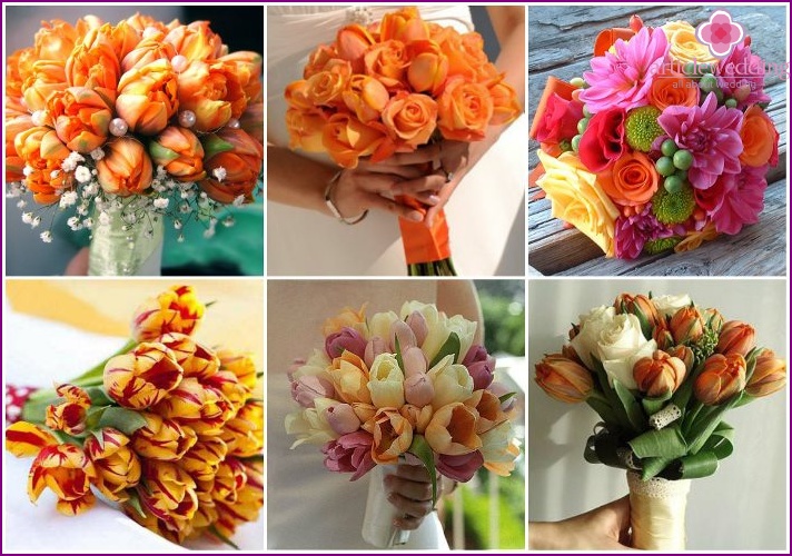 Bright tulips in a bride's bouquet