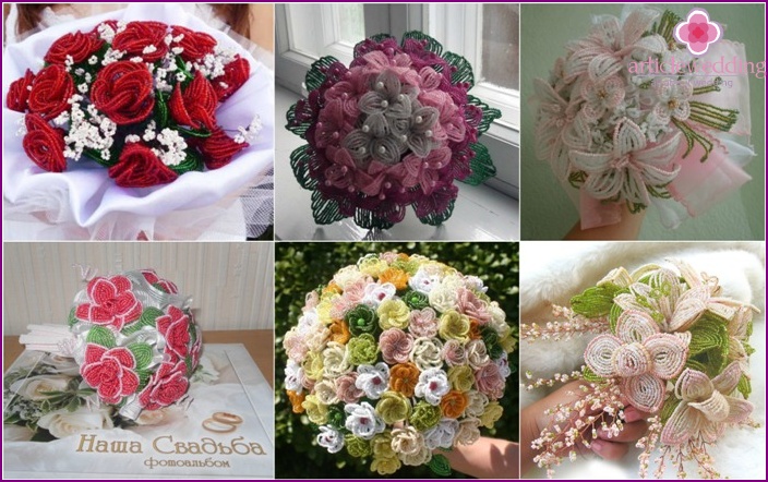 Original flowers of the bride made using beads