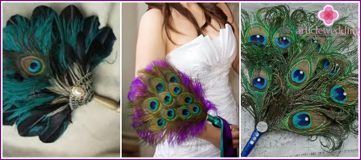 Fans of peacock feathers for the bride