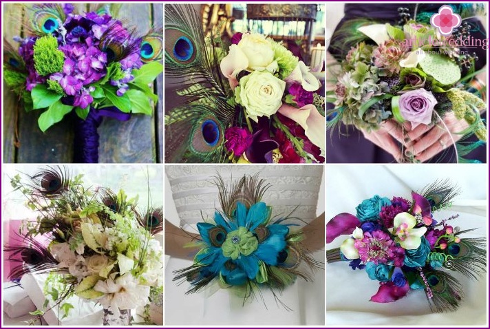 Wedding floral arrangements with peacock feathers