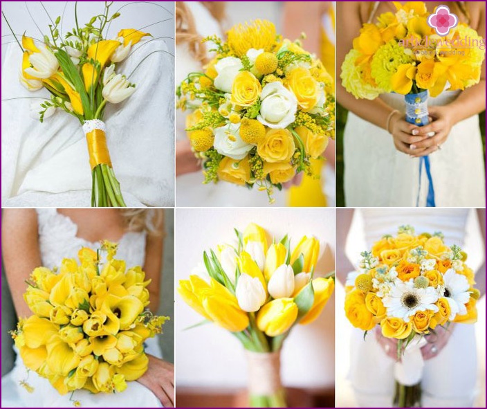 Ljus nygift bukett med gula blommor