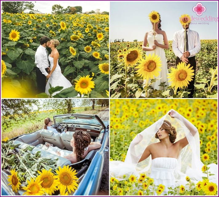 Photo des jeunes mariés sur fond de tournesols