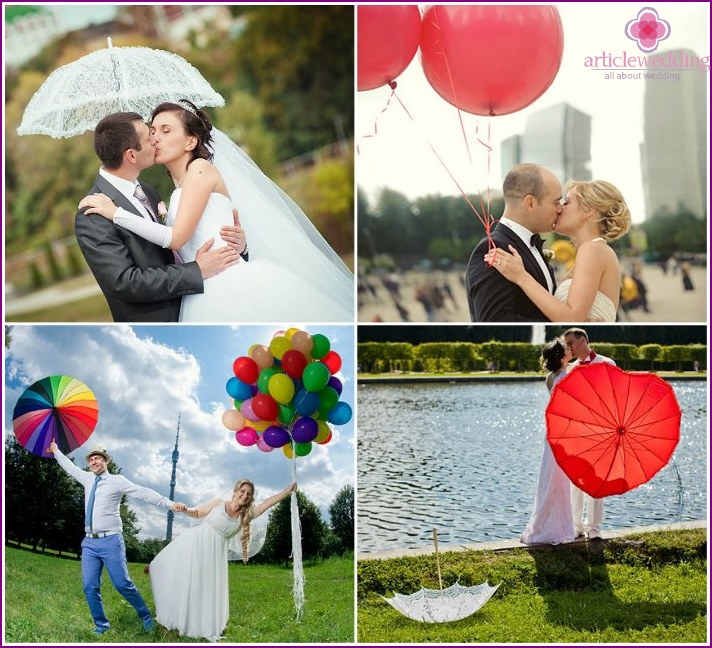 Fotos de casamento com balões e guarda-chuvas