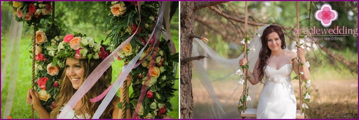 Dekoration einer Schaukel mit Blumen für ein Hochzeitsfoto-Shooting