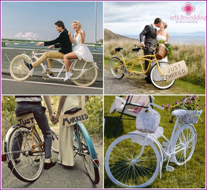 Photo des jeunes mariés à vélo