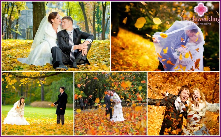 Fotografia di matrimonio in foglie d'autunno