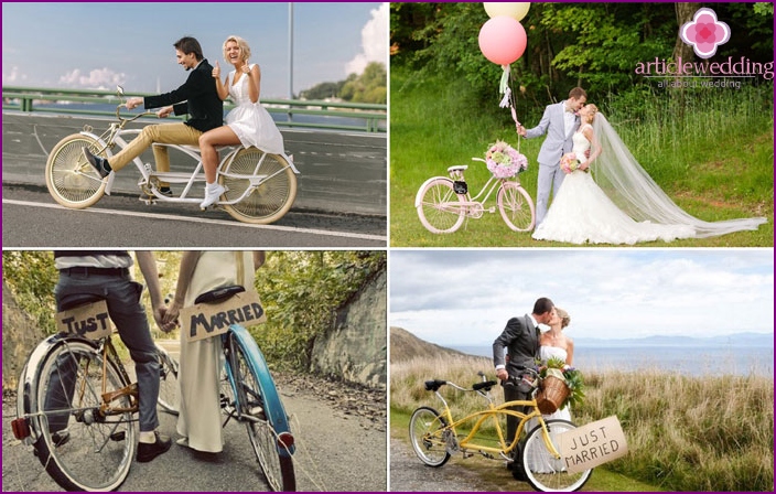 Photoshoot of newlyweds on skates, skates, bicycle