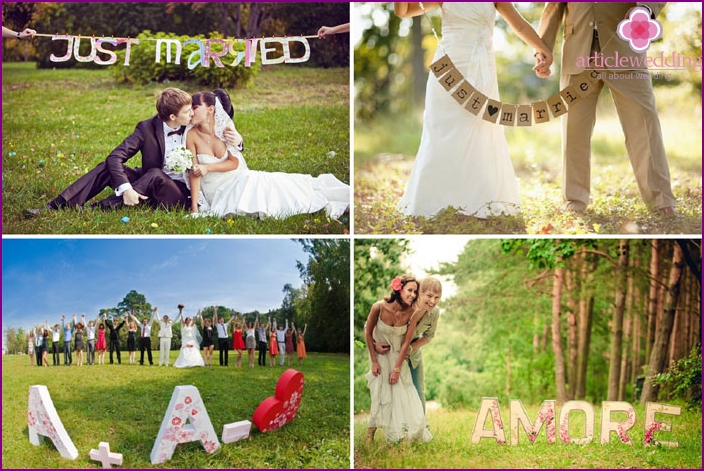 Letras e bandeiras para uma sessão de fotos de casamento