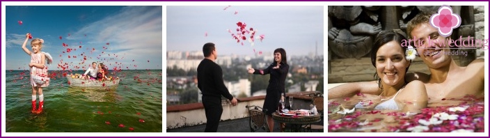 Séance photo d'un couple amoureux de pétales de rose