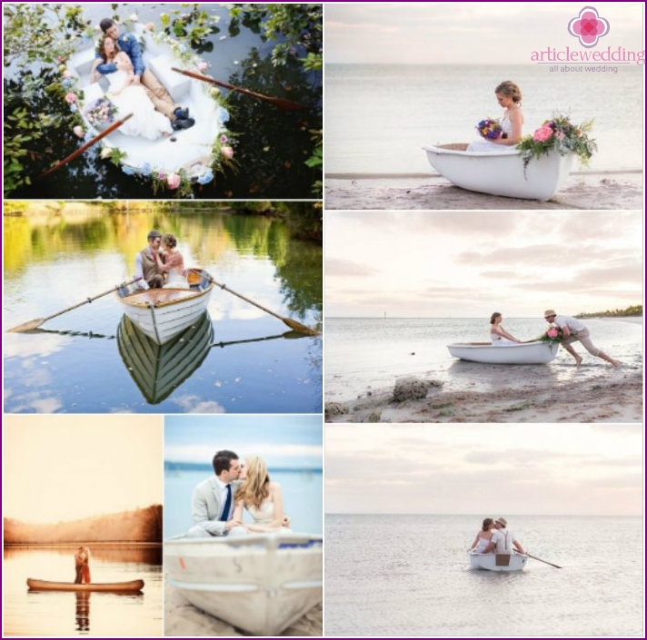 Photos de mariage des jeunes mariés dans un bateau en bois