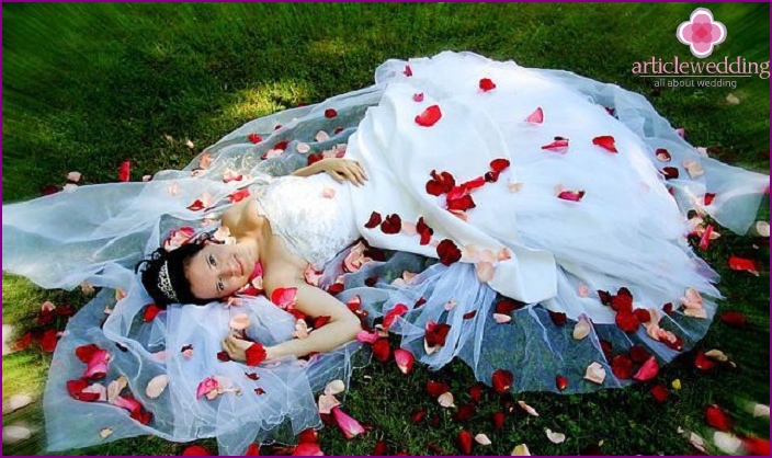 Décor d'une séance photo de mariage avec des pétales de rose