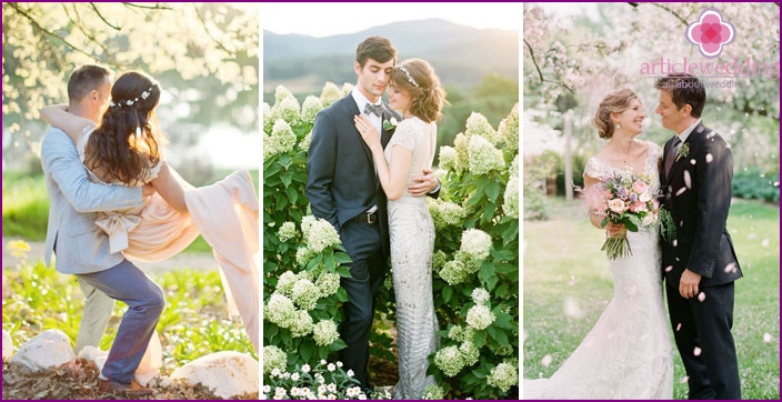 Photos of the newlyweds in the blooming garden