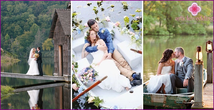 Wedding photo shoot in the spring near the pond