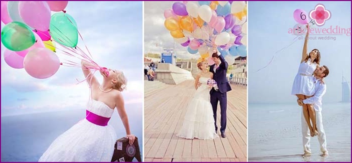 Wedding photoset with an armful of colorful balls