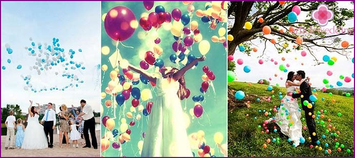 Hochzeitsfoto-Shooting: Start von Luftballons am Himmel