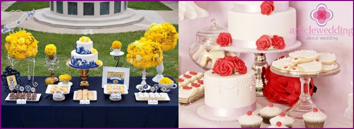 The color scheme of the sweet table at the wedding