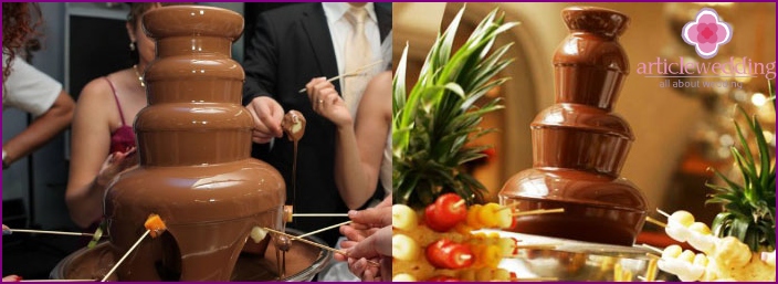 Chocolate fountain on the wedding table