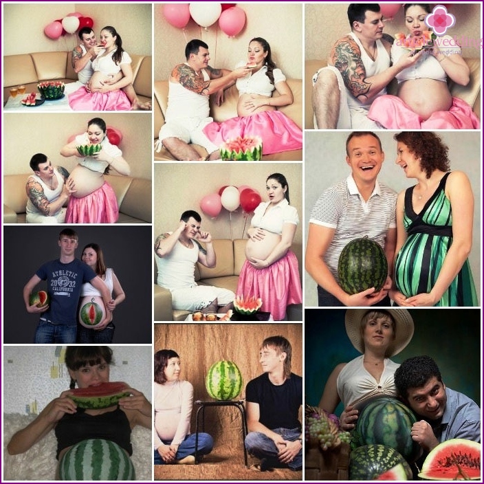 Photoshoot of a pregnant woman with a watermelon