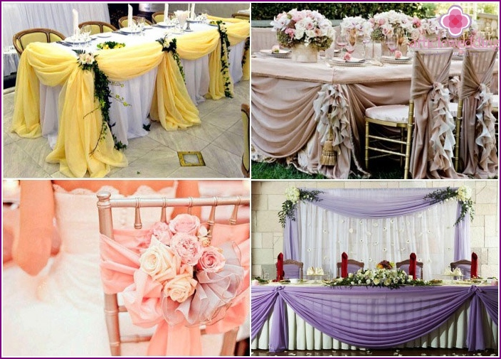 The fabric as a decoration of the wedding table in the photo